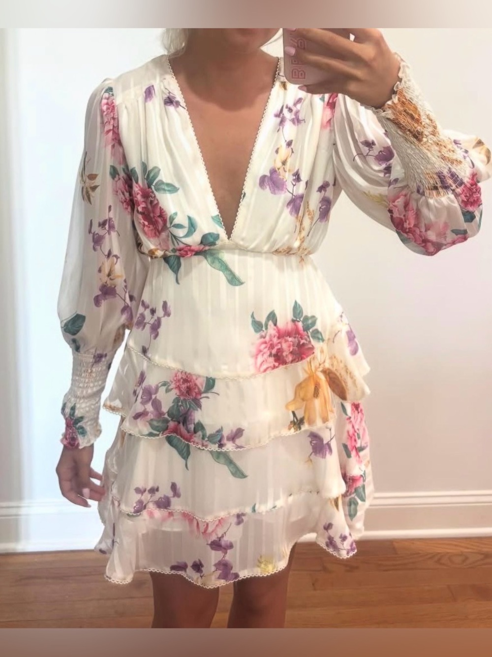 KEEPSAKE the Label White Floral V-Neck Tiered Long Sleeve Mini Dress